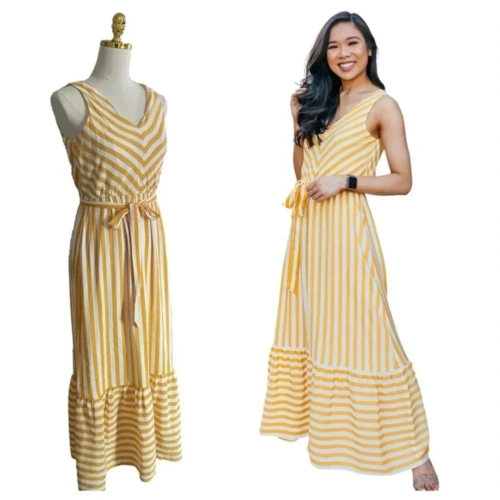 LOFT | Women Mustard/White Striped Chevron Flounce Maxi Dress Size 0P - Picture 3 of 15